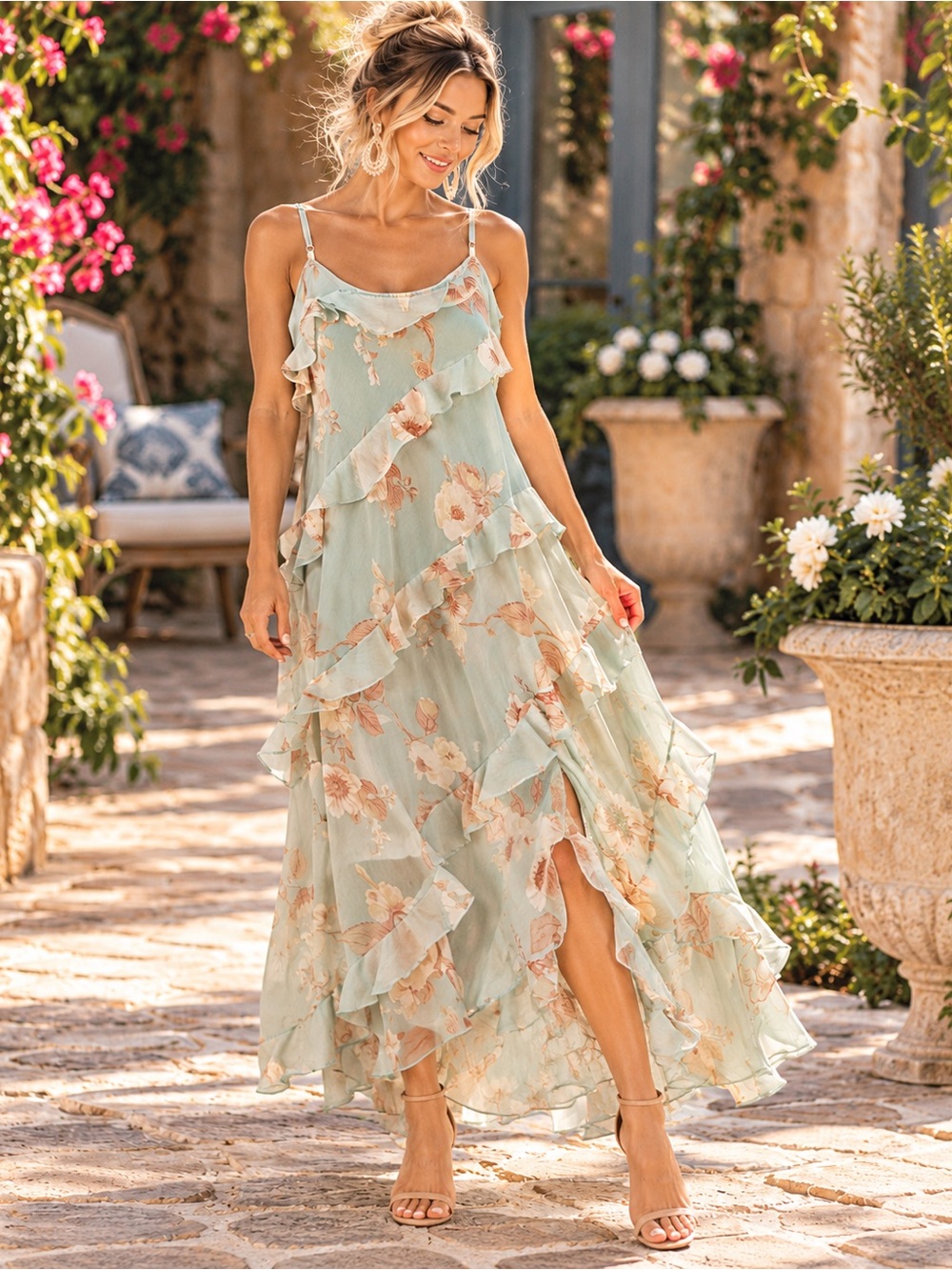 A New Day XXL Mint Green Floral Ruffle Maxi Dress Cottagecore Romantic